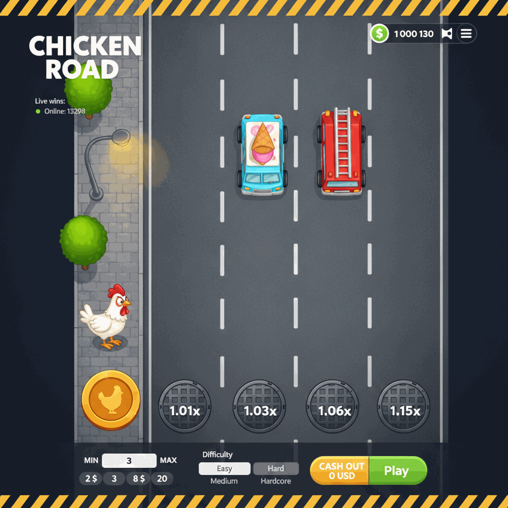 Gioco crash Chicken Road di InOut: pollo cartoon attraversa una strada a più corsie con moltiplicatori visibili su ogni corsia, grafica dall'alto con auto che scorrono e indicatori di vincita in tempo reale